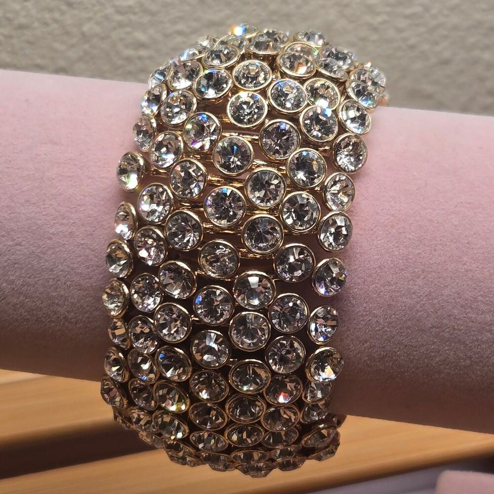 Vintage Rhinestone Statement Bracelet Heavy Crystal Cuff Stretch Sparkly